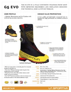 La Sportiva G5 EVO -Feathered Friends Shop la sportiva g5 evo tech sheet